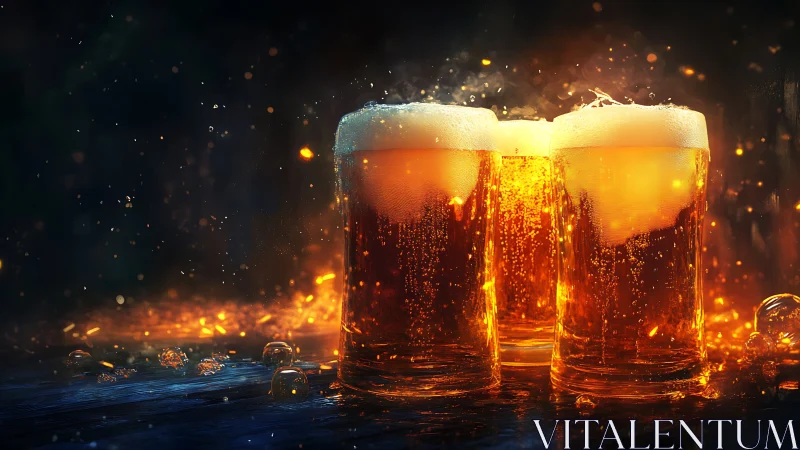 Three illuminated beer glasses with foam in dark setting.
