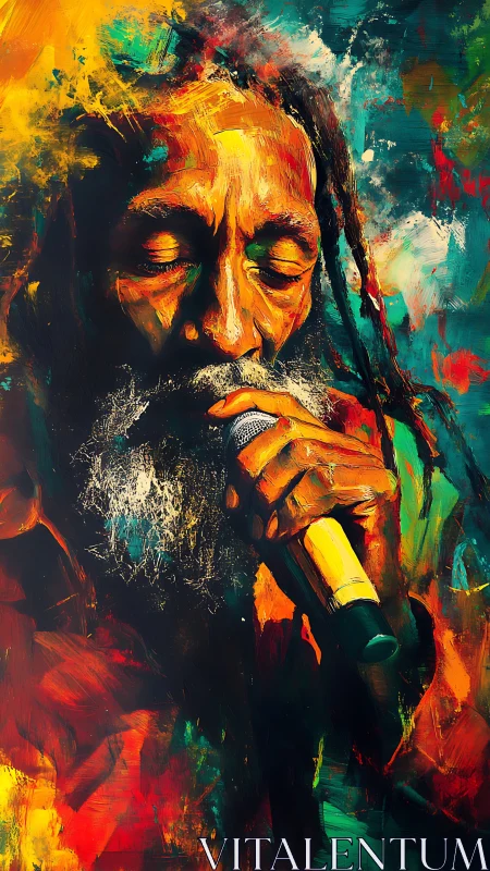 Expressive oil portrait of reggae vocalist with microphone in hand