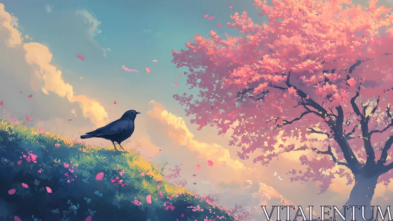 Crow on inclined meadow beneath blooming cherry tree.