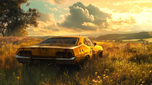 Weathered yellow car parked in overgrown rural field at dusk.