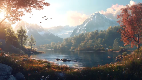 Golden sunrise warms a tranquil mountain lake in early autumn