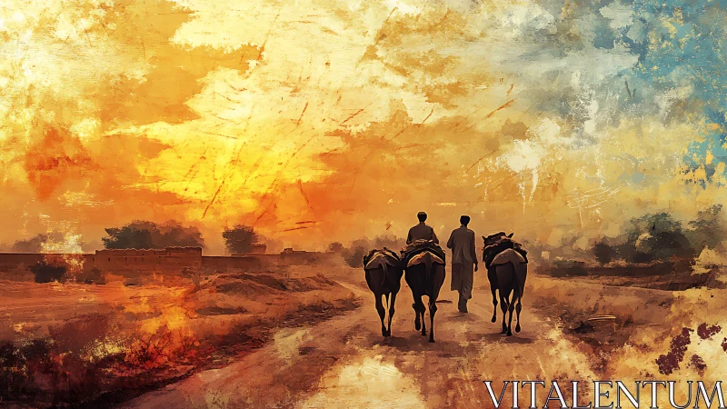 Sunlit rural path with herders walking homeward together.