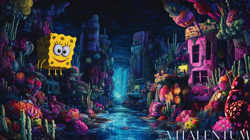 Cartoon sponge in neon underwater ruin corridor at night.