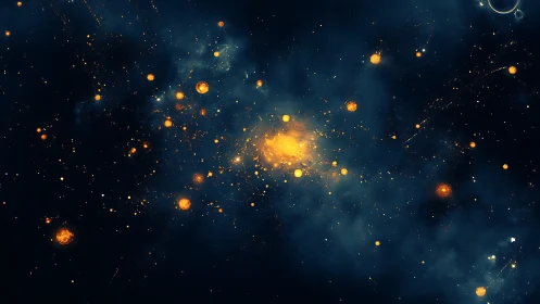 Stellar cluster with dispersed luminous particles in space.