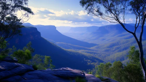 Soft morning light settles gently over misty blue valleys