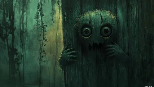 Wooden-eyed swamp creature peering from rotted planks.