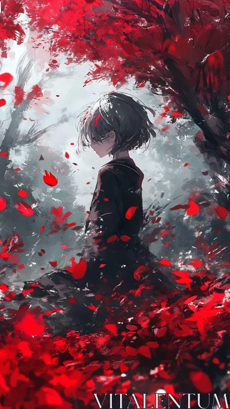 Solitary figure stands amid red foliage in misty forest