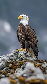 Telephoto wildlife study of perched bald eagle on coastal rock.