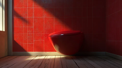 Sunlit red bathroom nook with a modern floating toilet.