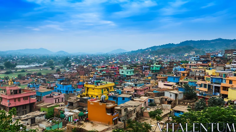 Vibrant hillside settlement under expansive blue sky panorama.