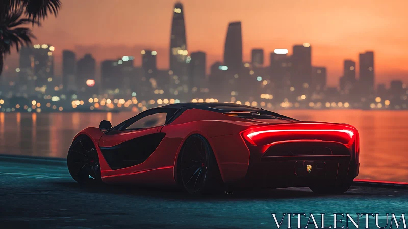 Red supercar glows against neon city sunset skyline.