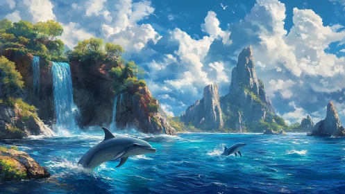 Tropical marine cove with leaping dolphins and waterfall cliffs