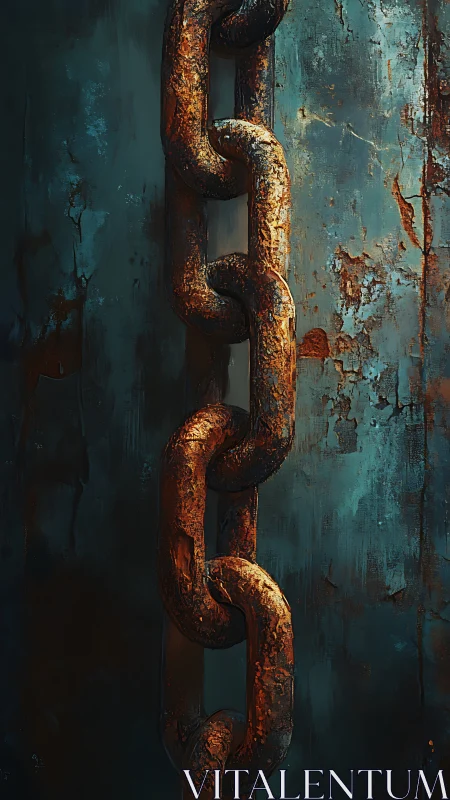 Rusted metal chain links against worn blue steel wall.