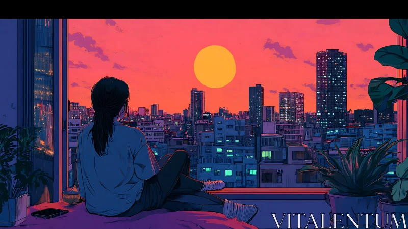 Person observing dense city skyline at stylized sunset scene.