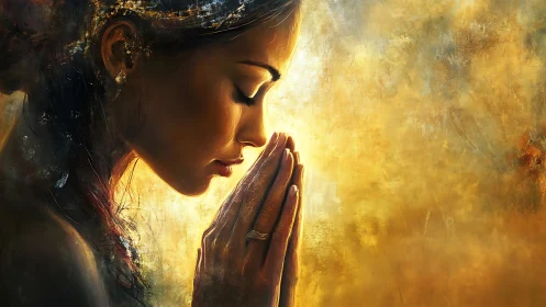 Side profile portrait of woman with hands aligned in prayer.