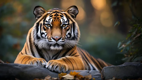 Regal tiger rests on stone ledge under warm forest light.