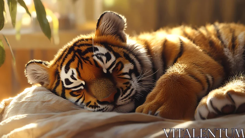 Sunlit tiger cub sleeping softly on warm linen bedding.