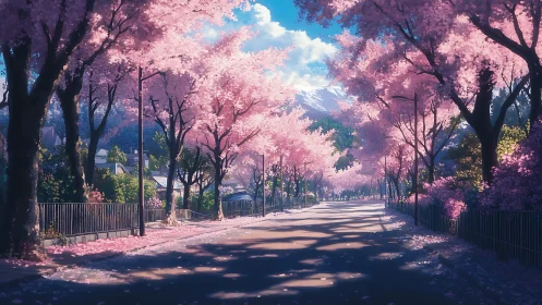 Tree-lined roadway shows cherry blossoms in full bloom
