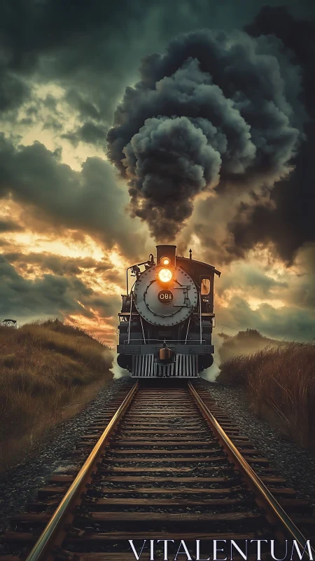 Steam locomotive on sunset railway, frontal telephoto view