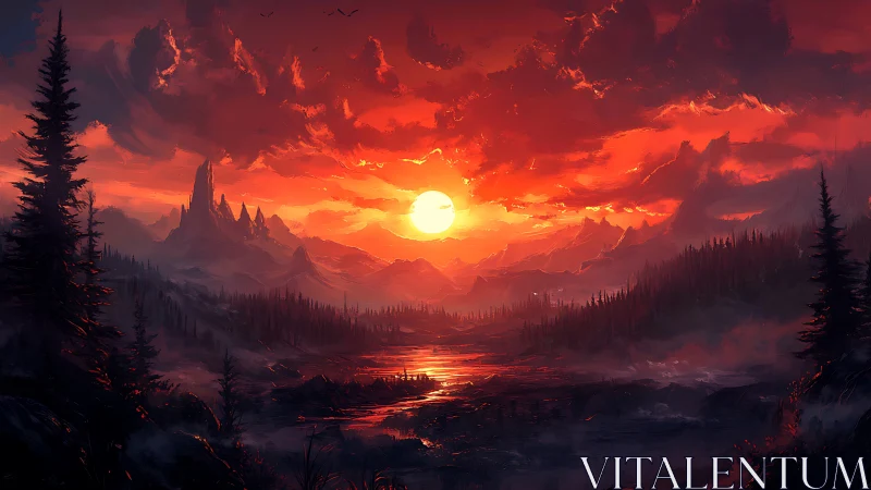 Fiery mountain sunset illuminates misty river valley