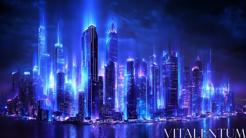 Futuristic blue-lit waterfront skyline in night setting.