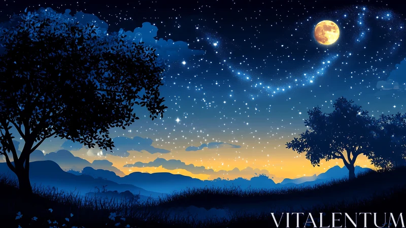 Lunar-lit gradient horizon beneath smiling stellar arc field.