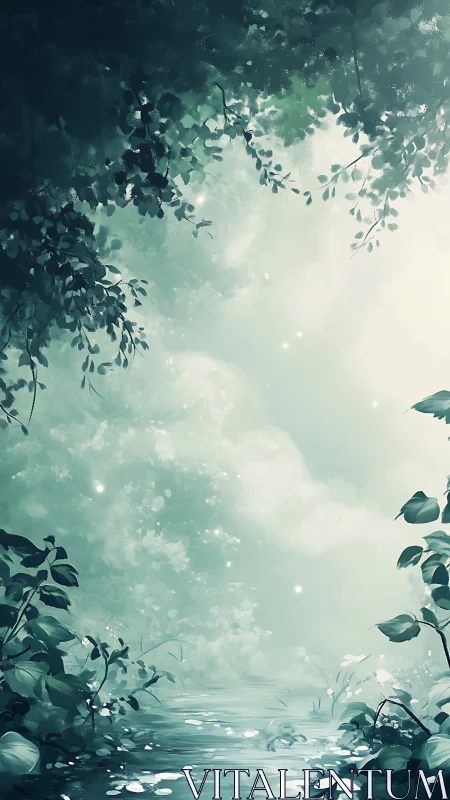 Ethereal Foliage Canopy With Luminous Sky and Reflective Water