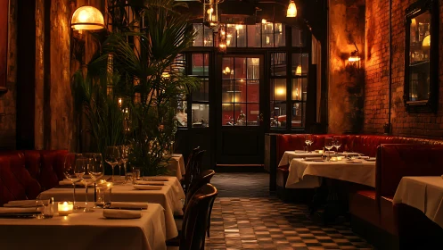 Candlelit bistro interior with leather booths and warm glow.