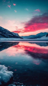 Neon sunset reflects over tranquil frozen mountain lake.