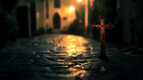 Cross in the rainlit alley, glowing softly against night.