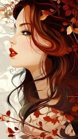 Autumn muse gazes upward in a warm, flowing vector portrait