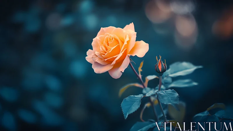 Coral Rose Blooms Against Twilight Mystery.
