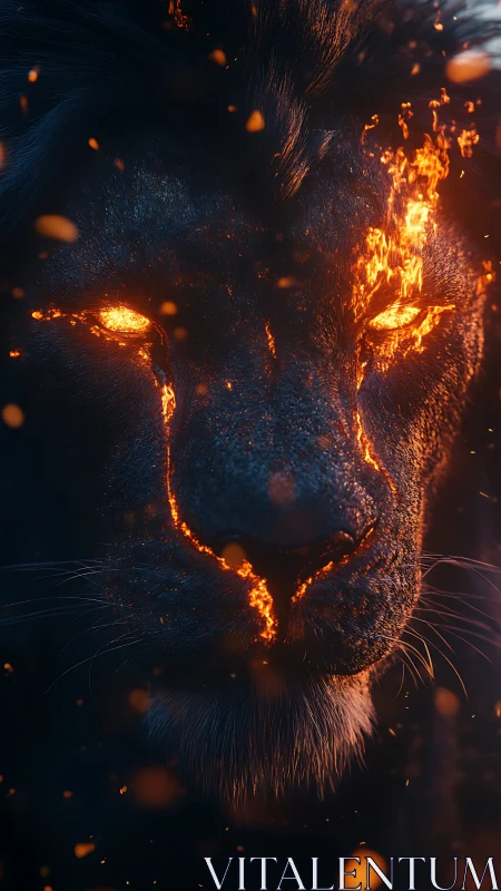 Fiery molten-eyed lion emerges from dark ember smoke