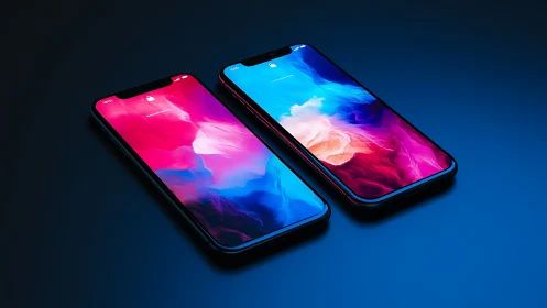 Dual smartphones on neon gradient screens under blue glow.