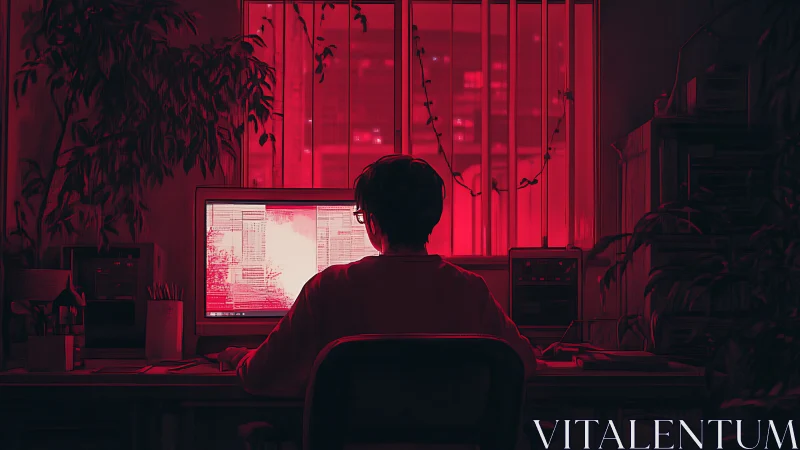 Programmer at desktop in red lit night office environment.