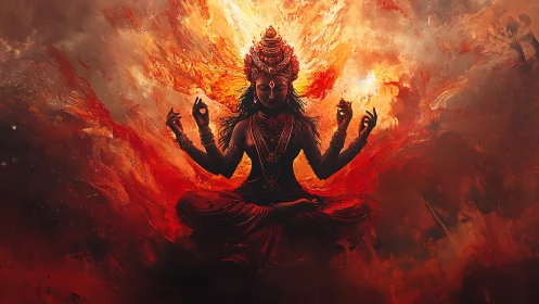 Fiery multi-armed deity in meditative seated pose.