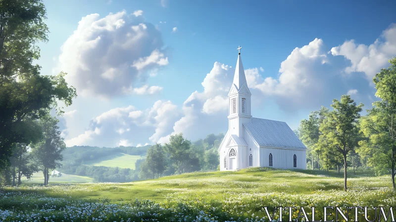 White country church rises over sunlit wildflower meadow