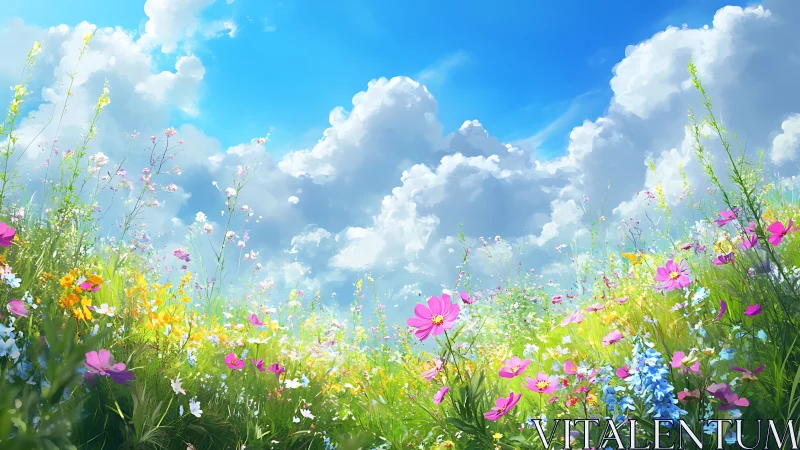 Sunlit wildflower meadow under friendly summer clouds.