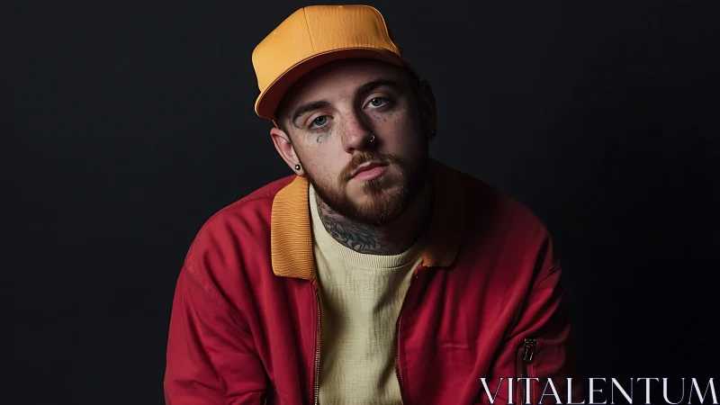 Tattooed man in red jacket and yellow cap portrait.