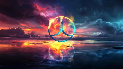 Circular trisection symbol over reflective water horizon.