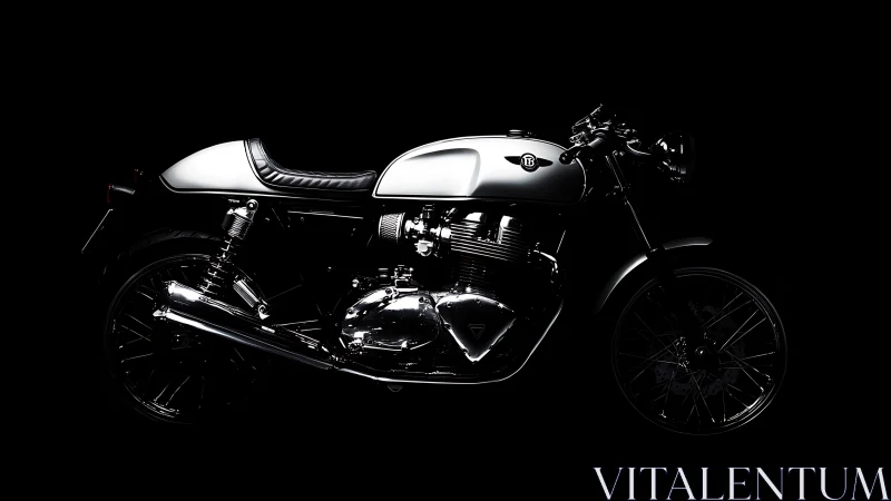 Gleaming cafe racer motorcycle rests in dramatic studio light