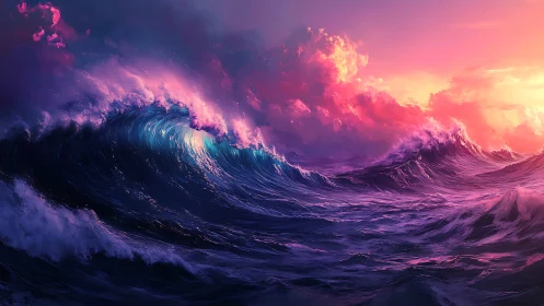 Sunset storm waves crash under radiant violet clouds