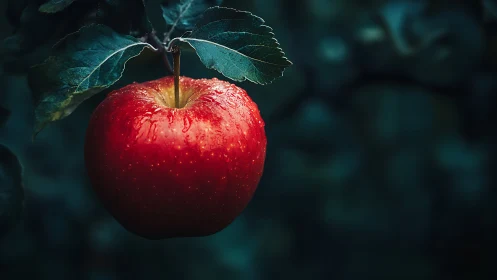 Dew‑coated red apple in dramatic low key orchard lighting.