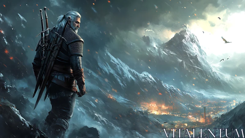 Lone warrior watching a burning valley beneath frozen peaks.