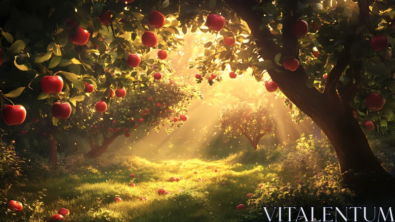 Golden backlit apple orchard renders atmospheric depth