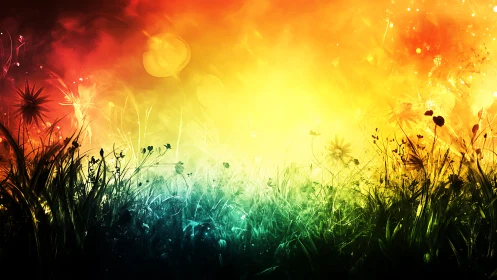 Gradient meadow silhouette under vivid abstract sky.