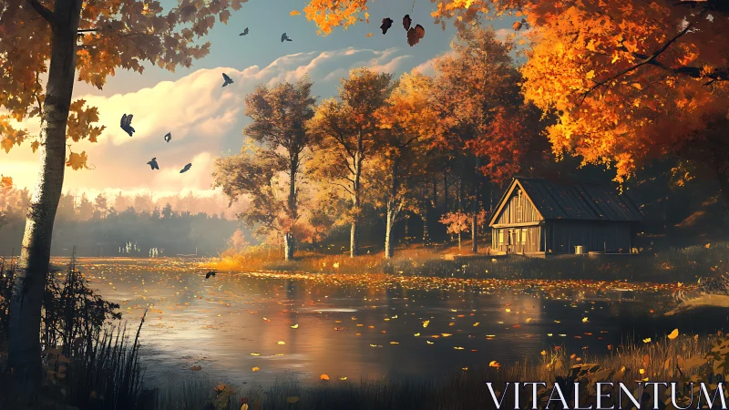 Autumn lake cabin basks in golden evening forest light.