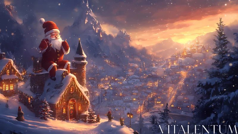 Santa overlooks glowing alpine village at twilight.