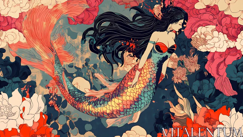 Stylized mermaid amid dense florals renders ornate chromatic motion