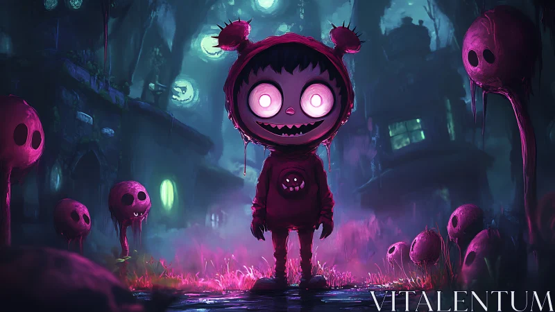 Glow-eyed mischief kid roaming neon haunted marshlands.